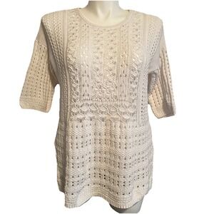 Cato Open Knit Crochet Sweater Women's XL White Cottagecore Boho Pullover
